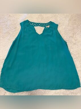 Skies Are Blue Sleeveless Teal Keyhole Top with Lattice Neckline